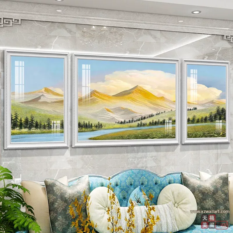 山水 三联 装饰画 美式 客厅背景墙挂画 晶瓷画
