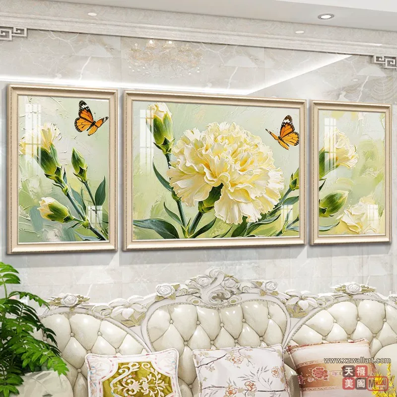 花 三联 装饰画 奶油风 客厅背景墙挂画 晶瓷画