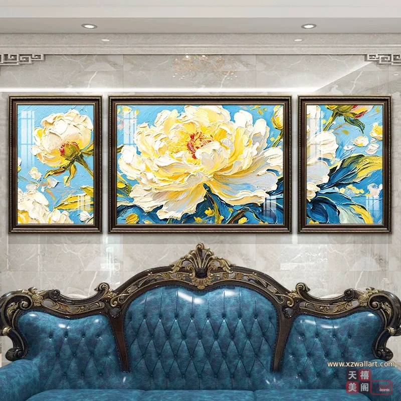 花 三联 装饰画 奶油风 客厅背景墙挂画 晶瓷画