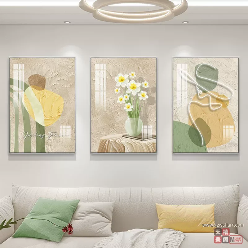 抽象 三联 装饰画 奶油风 客厅背景墙挂画 晶瓷画