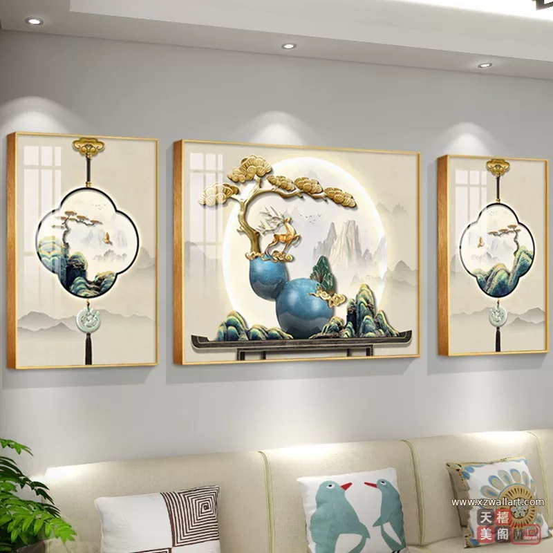 抽象 三联 装饰画 新中式 客厅背景墙挂画 晶瓷画