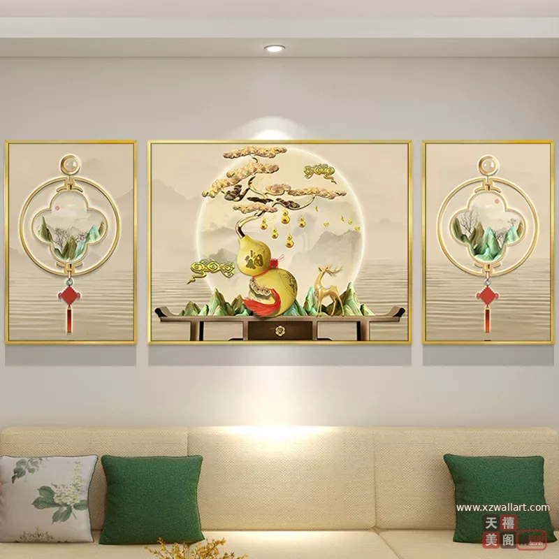抽象 三联 装饰画 新中式 客厅背景墙挂画 晶瓷画