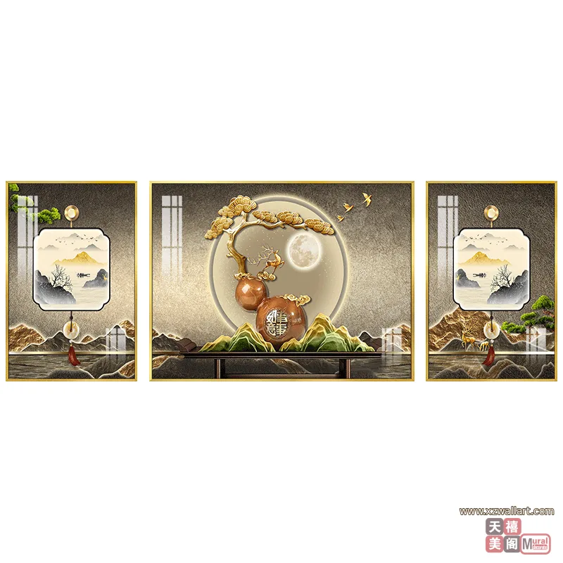 抽象 三联 装饰画 新中式 客厅背景墙挂画 晶瓷画