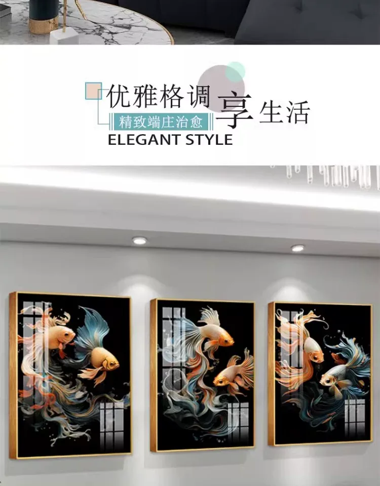 锦鲤 三联 装饰画 轻奢风 客厅背景墙挂画 晶瓷画