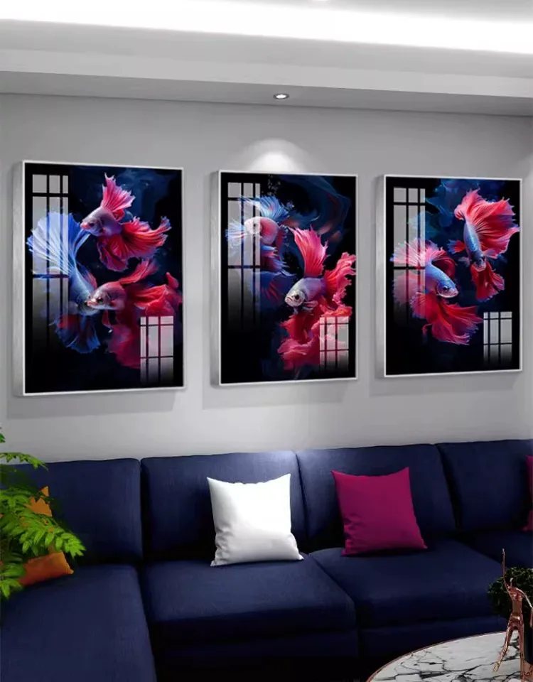 锦鲤 三联 装饰画 轻奢风 客厅背景墙挂画 晶瓷画