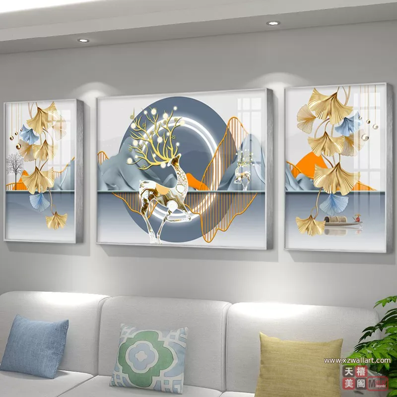 抽象 三联 装饰画 轻奢风 客厅背景墙挂画 晶瓷画