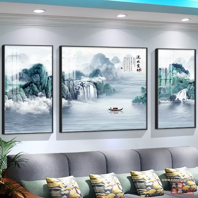 山水 三联 装饰画 新中式 客厅背景墙挂画 晶瓷画