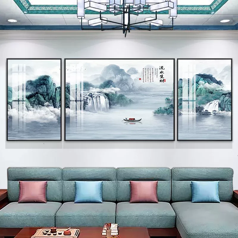 山水 三联 装饰画 新中式 客厅背景墙挂画 晶瓷画
