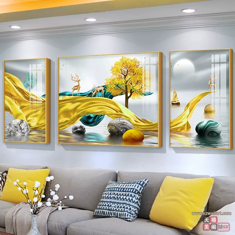 山水 三联 装饰画 北欧风 客厅背景墙挂画 晶瓷画