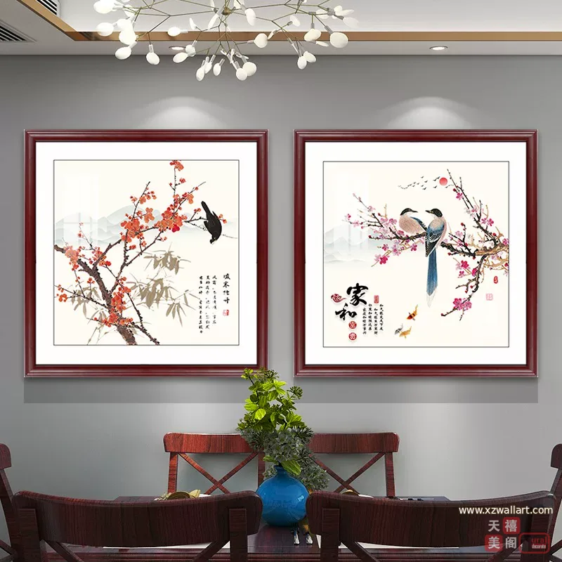 花 两联 装饰画 新中式 餐厅背景墙挂画 晶瓷画
