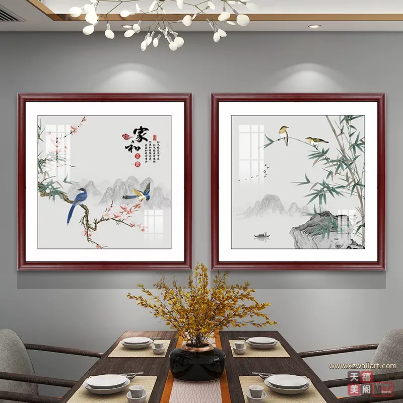 花 两联 装饰画 新中式 餐厅背景墙挂画 晶瓷画