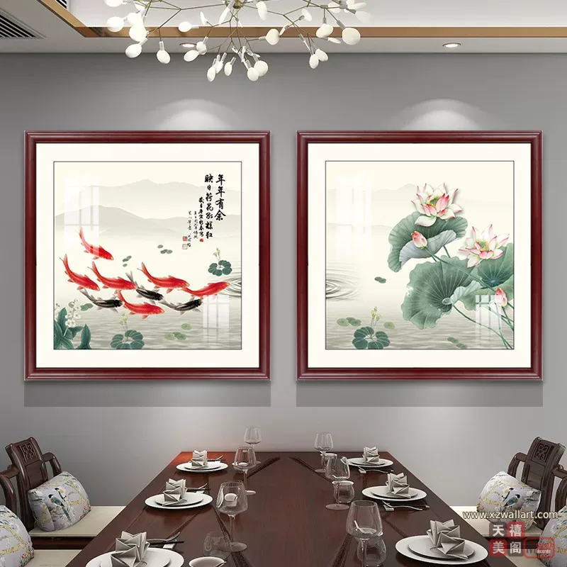 花 两联 装饰画 新中式 餐厅背景墙挂画 晶瓷画