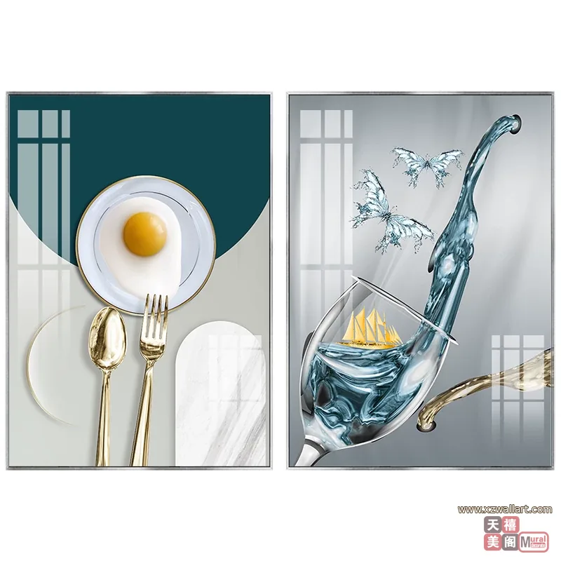抽象 两联 装饰画 轻奢风 餐厅背景墙挂画 晶瓷画