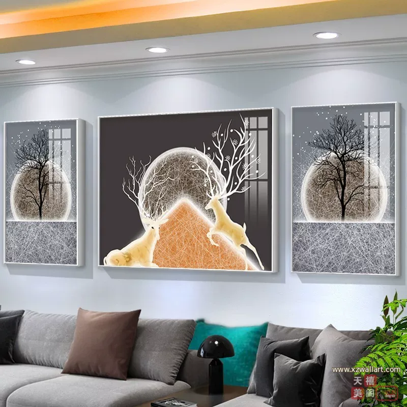 抽象 三联 装饰画 轻奢风 客厅背景墙挂画 晶瓷画