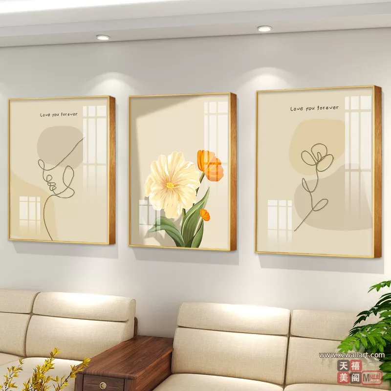 花 三联 装饰画 轻奢风 客厅背景墙挂画 晶瓷画