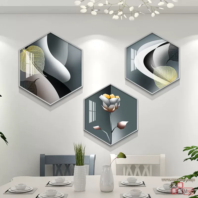 抽象 三联 装饰画 轻奢风 餐厅背景墙挂画 晶瓷画