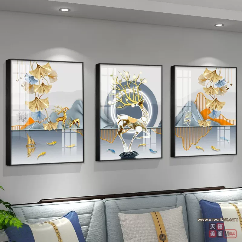 抽象 三联 装饰画 轻奢风 客厅背景墙挂画 晶瓷画