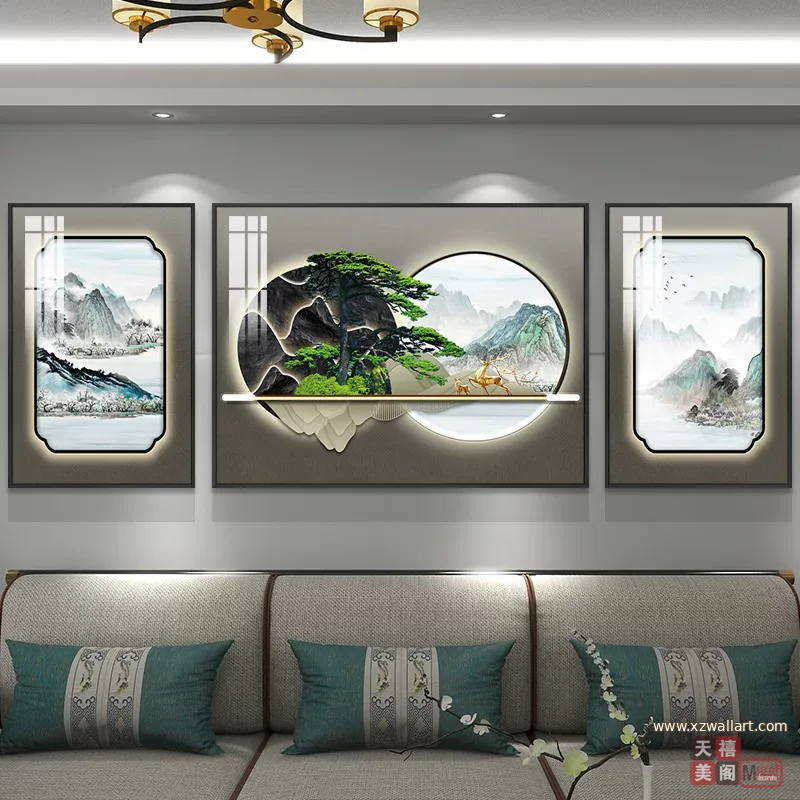 抽象 三联 装饰画 新中式 客厅背景墙挂画 晶瓷画