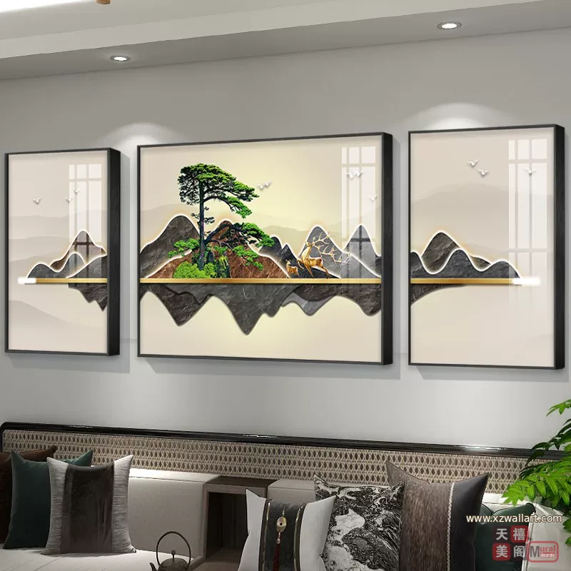 抽象 三联 装饰画 新中式 客厅背景墙挂画 晶瓷画