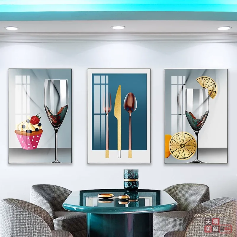抽象 三联 装饰画 轻奢风 餐厅背景墙挂画 晶瓷画