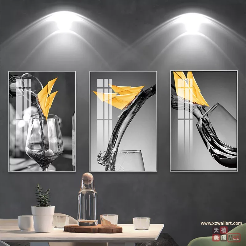 抽象 三联 装饰画 轻奢风 餐厅背景墙挂画 晶瓷画
