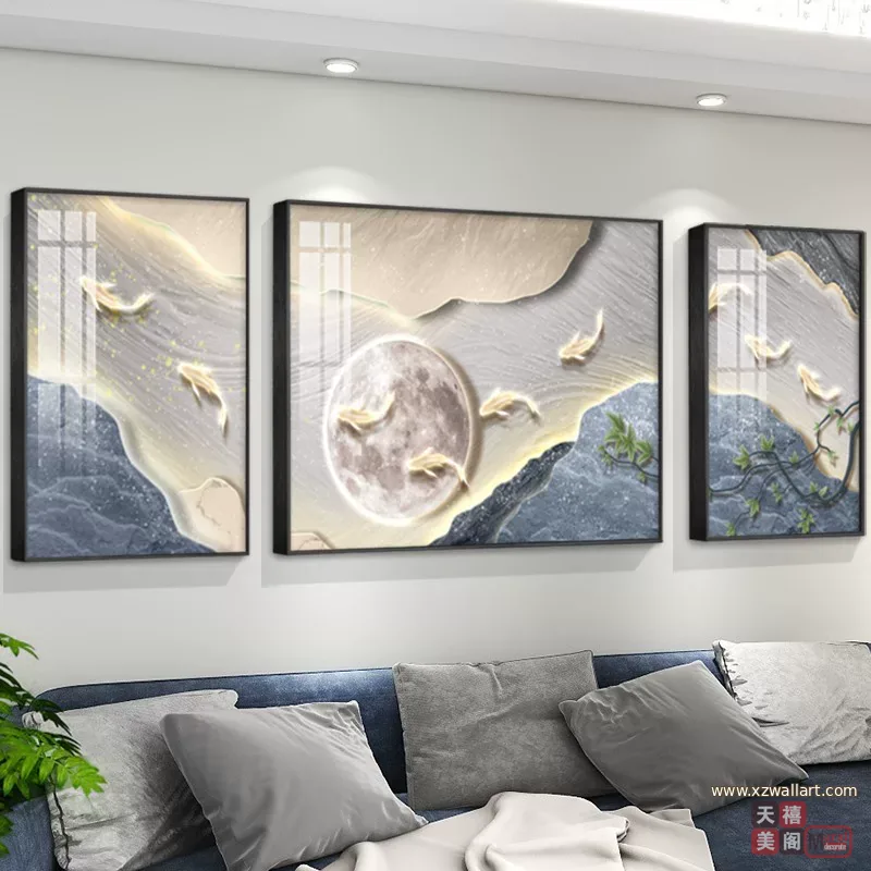 抽象 三联 装饰画 轻奢风 客厅背景墙挂画 晶瓷画