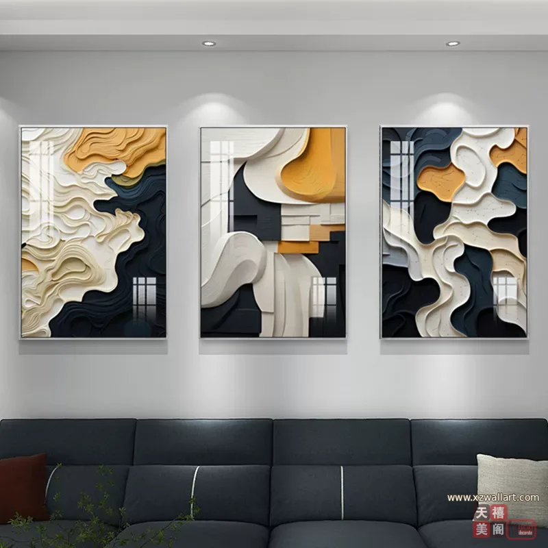 抽象 三联 装饰画 轻奢风 客厅背景墙挂画 晶瓷画