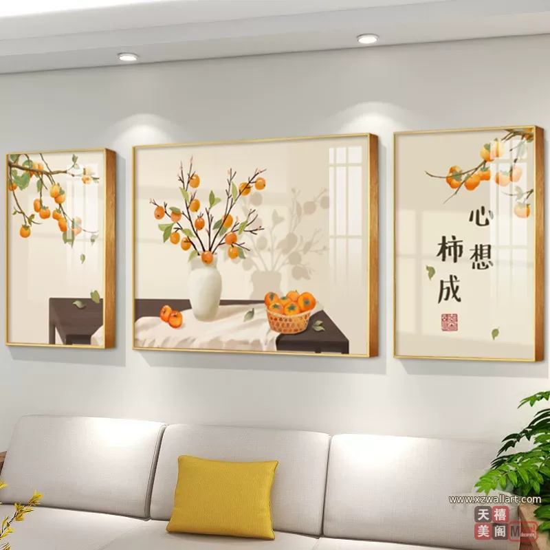 抽象 三联 装饰画 奶油风 客厅背景墙挂画 晶瓷画
