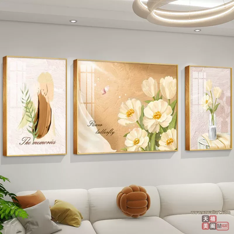 抽象 三联 装饰画 奶油风 客厅背景墙挂画 晶瓷画