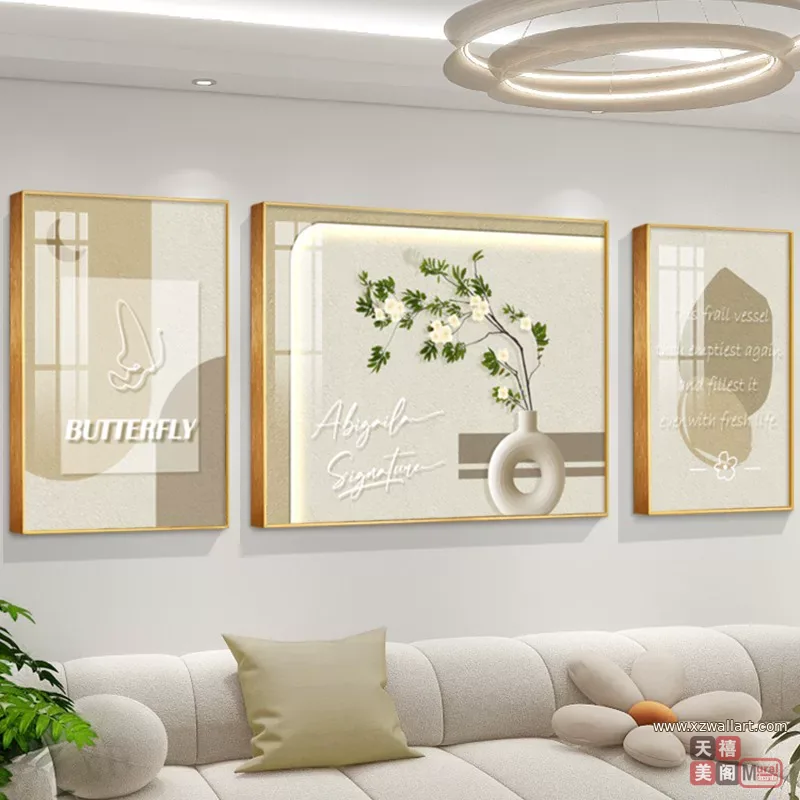 抽象 三联 装饰画 奶油风 客厅背景墙挂画 晶瓷画
