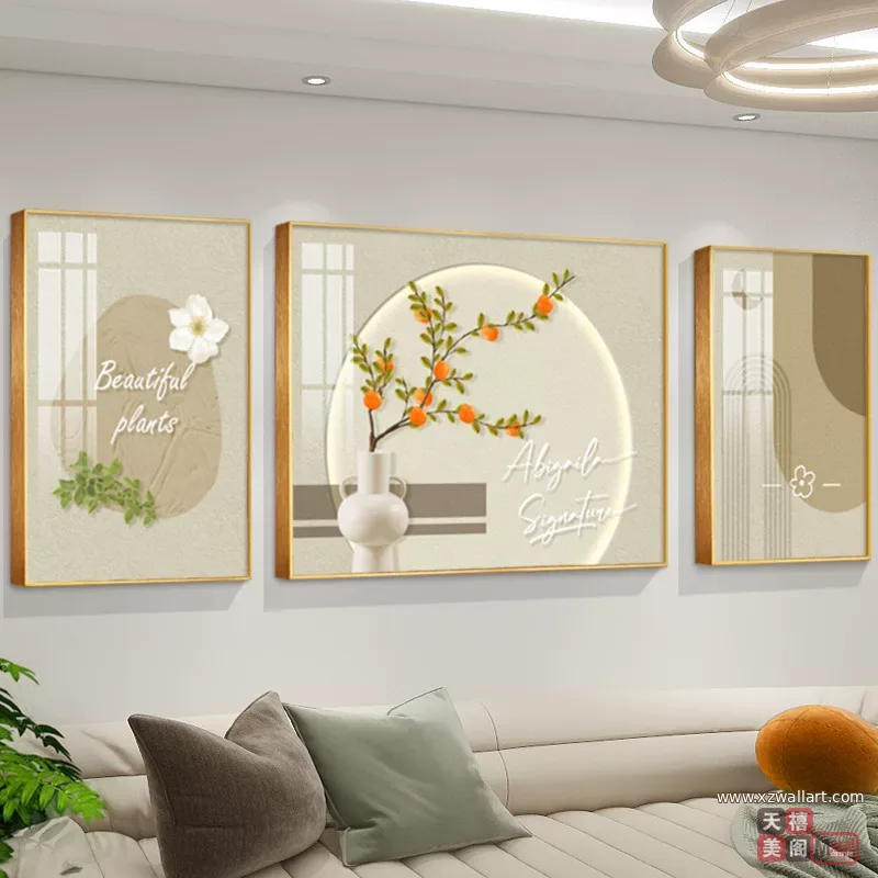 抽象 三联 装饰画 奶油风 客厅背景墙挂画 晶瓷画
