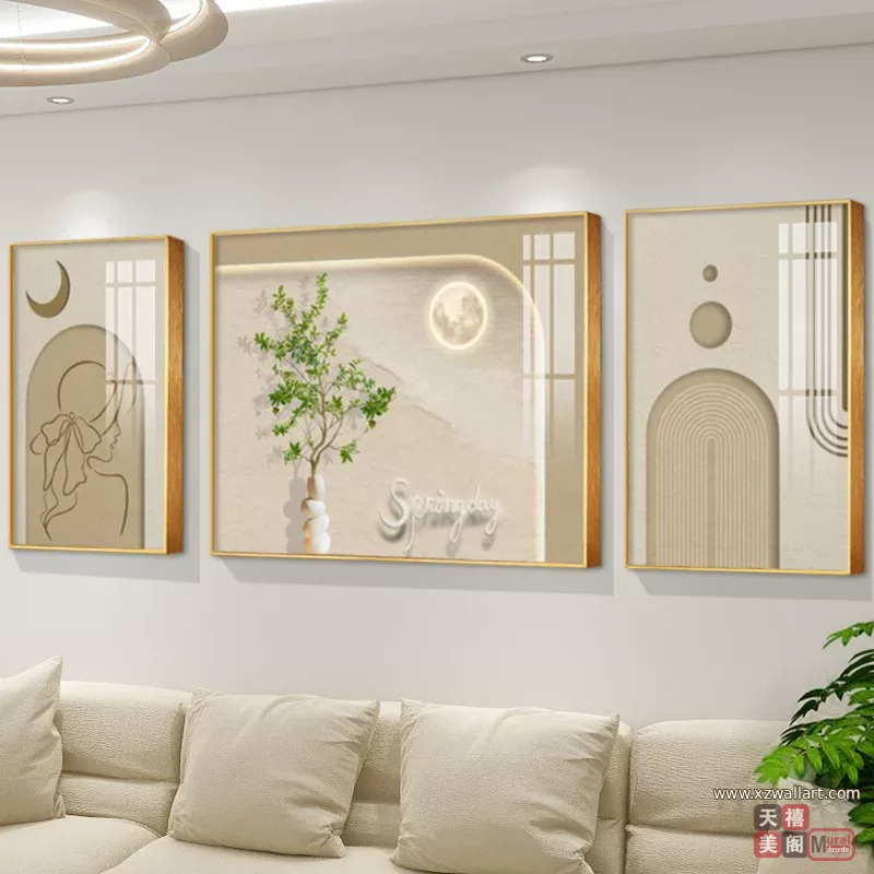 抽象 三联 装饰画 奶油风 客厅背景墙挂画 晶瓷画