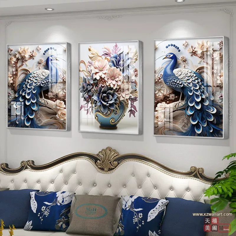抽象 三联 装饰画 美式 客厅背景墙挂画 晶瓷画