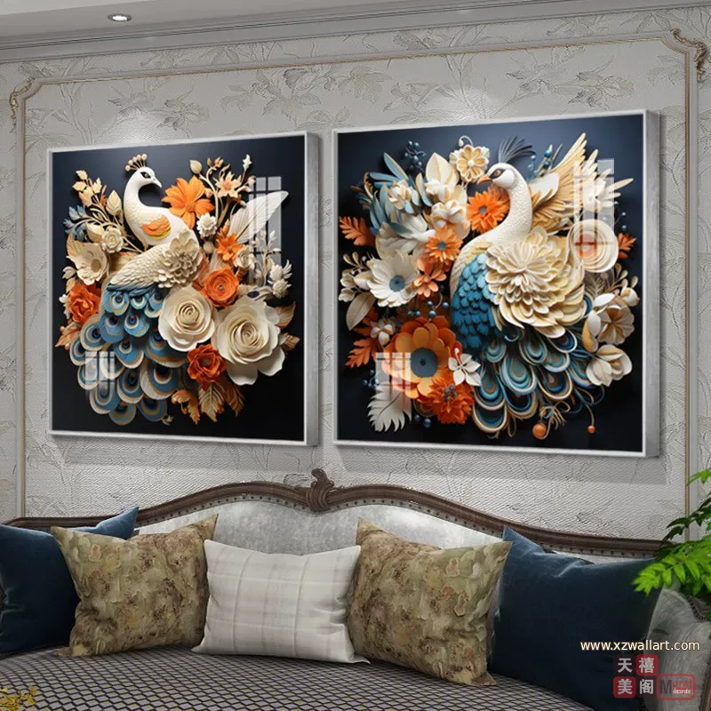 孔雀 单幅 装饰画 欧式 客厅背景墙挂画 晶瓷画