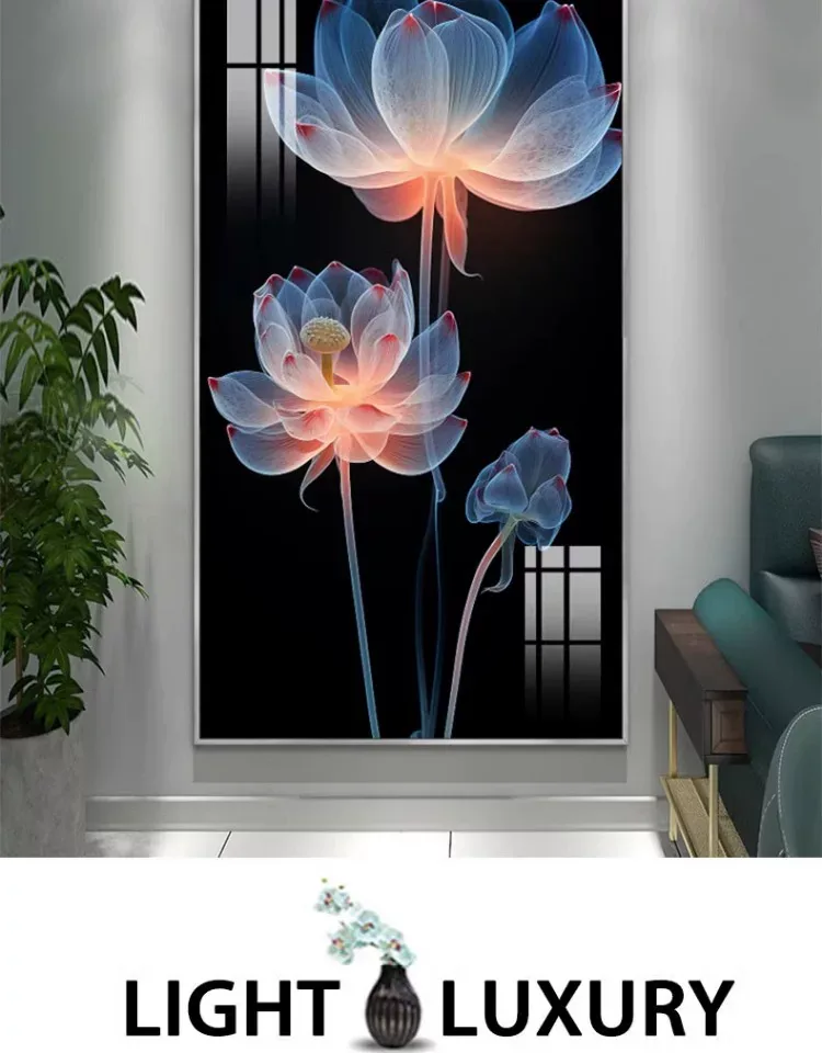荷花 单幅 装饰画 轻奢风 玄关背景墙挂画 晶瓷画