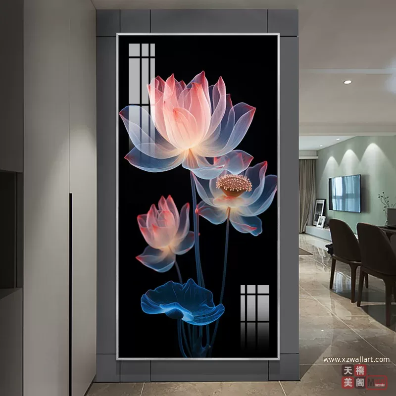 荷花 单幅 装饰画 轻奢风 玄关背景墙挂画 晶瓷画