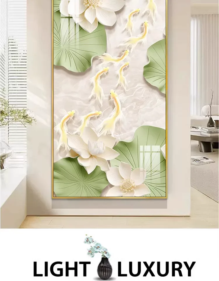 荷花 单幅 装饰画 奶油风 玄关背景墙挂画 晶瓷画