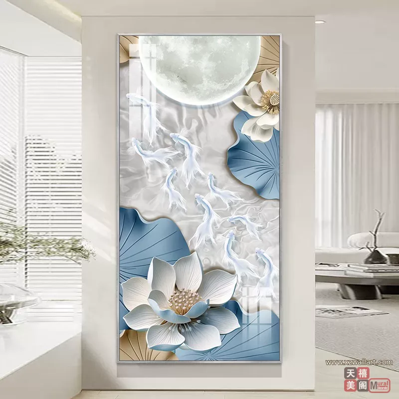 荷花 单幅 装饰画 奶油风 玄关背景墙挂画 晶瓷画