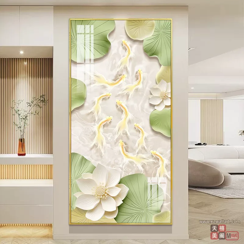 荷花 单幅 装饰画 奶油风 玄关背景墙挂画 晶瓷画