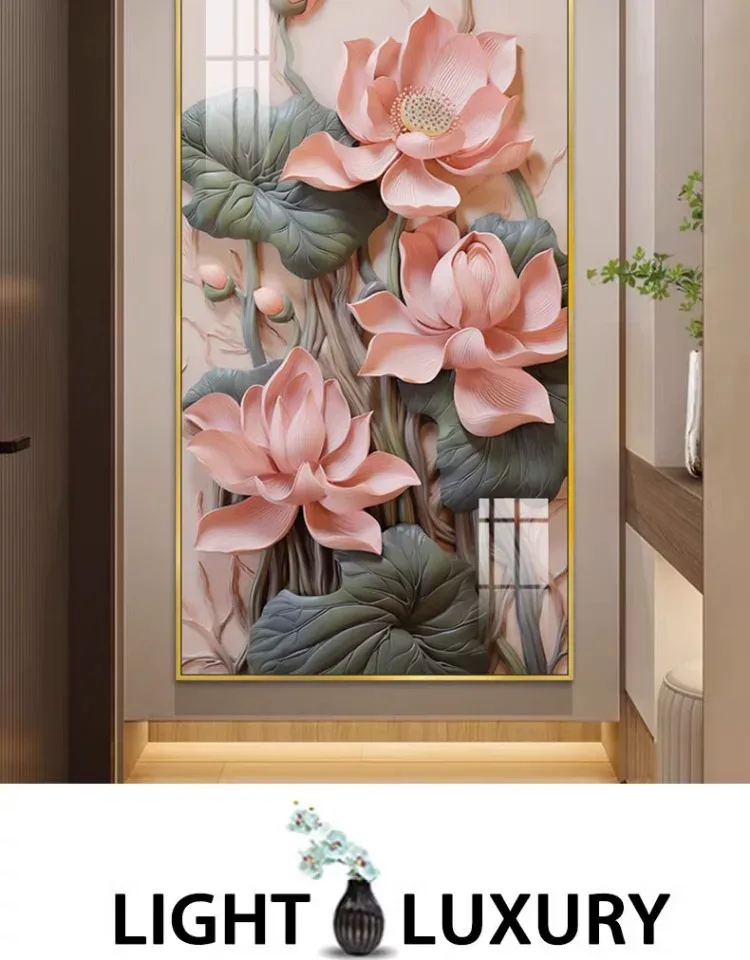 荷花 单幅 装饰画 轻奢风 玄关背景墙挂画 晶瓷画