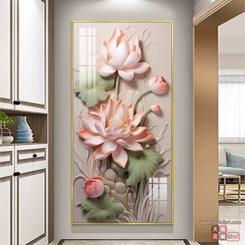 荷花 单幅 装饰画 轻奢风 玄关背景墙挂画 晶瓷画