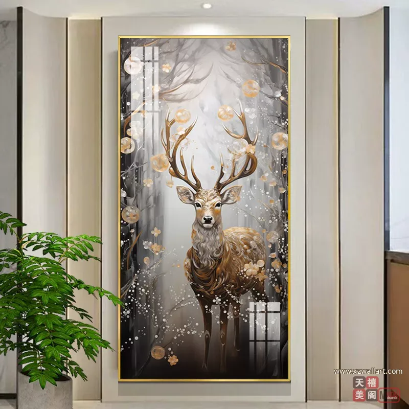 鹿 单幅 装饰画 轻奢风 玄关背景墙挂画 晶瓷画