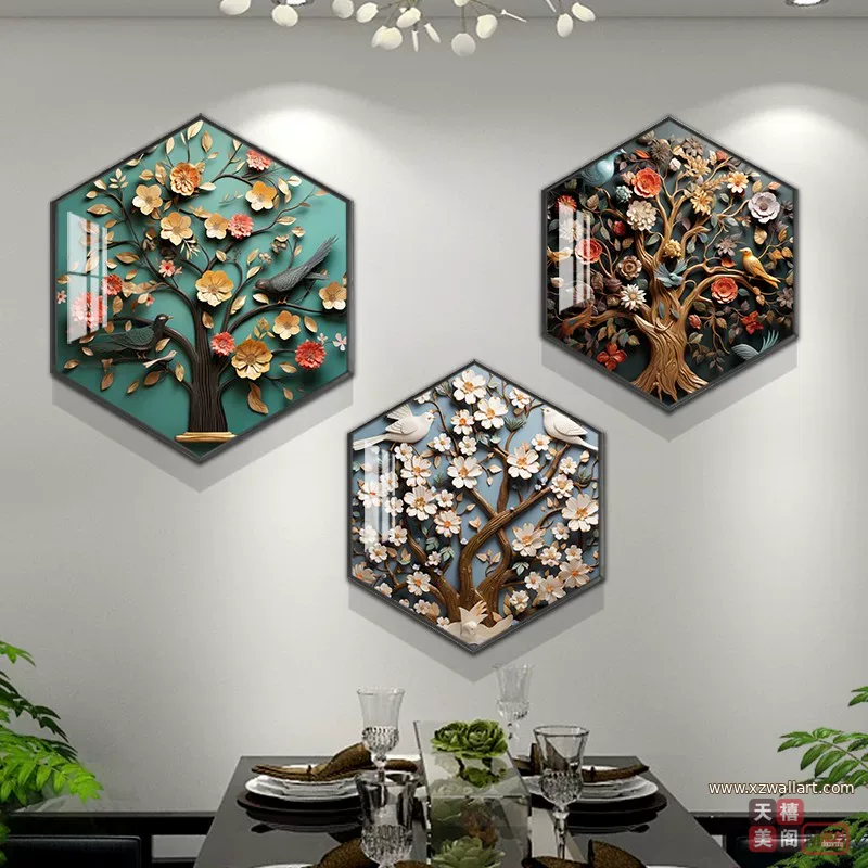 树 三联 装饰画 现代简约 餐厅背景墙挂画 晶瓷画