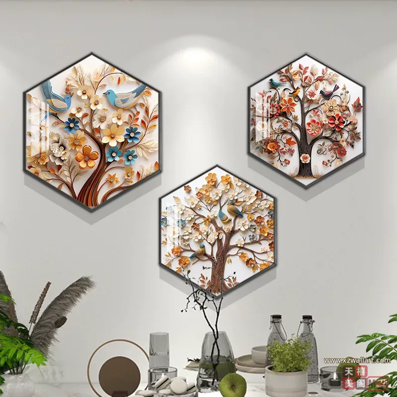 树 三联 装饰画 现代简约 餐厅背景墙挂画 晶瓷画