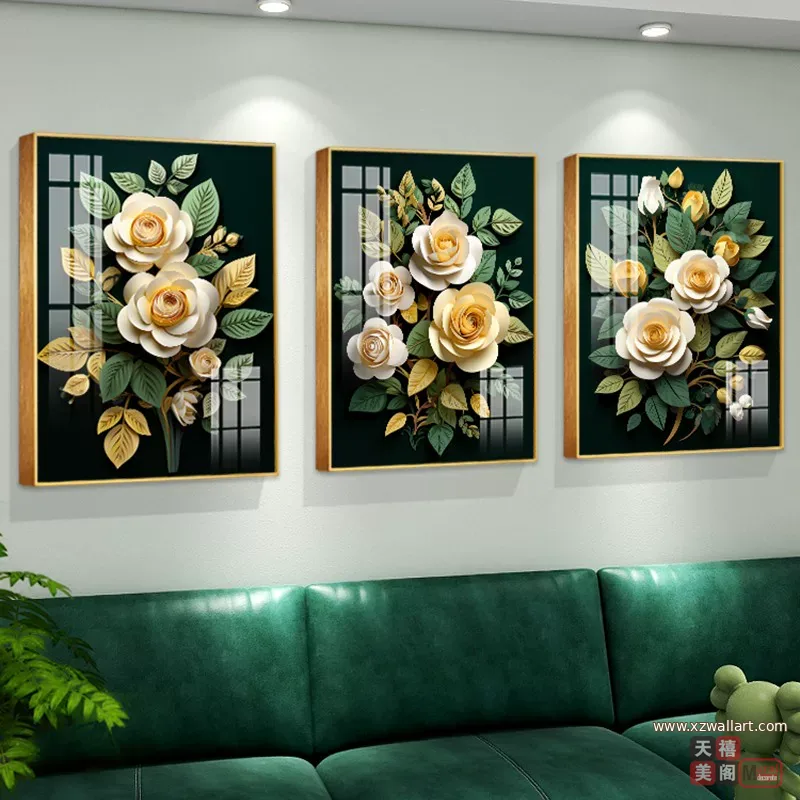 花 三联 装饰画 北欧风 客厅背景墙挂画 晶瓷画