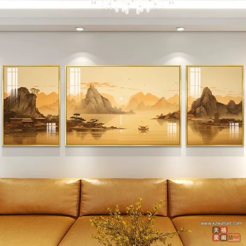 山水 三联 装饰画 现代简约 客厅背景墙挂画 晶瓷画