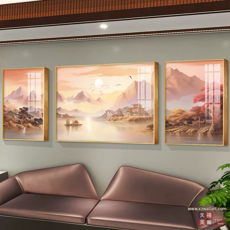 山水 三联 装饰画 现代简约 客厅背景墙挂画 晶瓷画