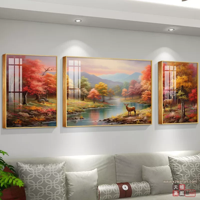 山水 三联 装饰画 轻奢风 客厅背景墙挂画 晶瓷画