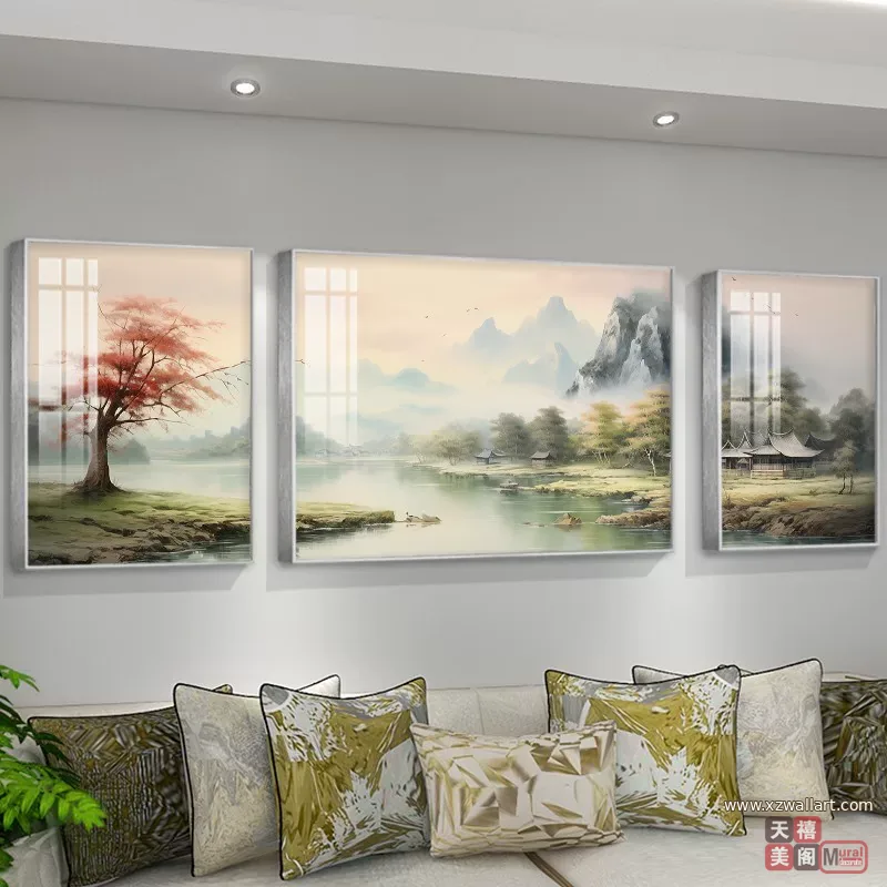 山水 三联 装饰画 轻奢风 客厅背景墙挂画 晶瓷画