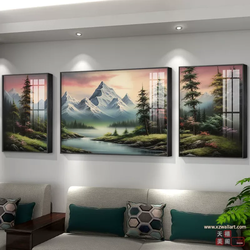 山水 三联 装饰画 轻奢风 客厅背景墙挂画 晶瓷画